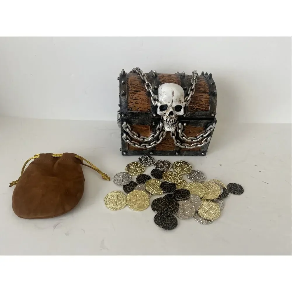 Nautical Pirate Skull Treasure Chest, Unique Trinket Box, 6 Inches. Coins Too!!